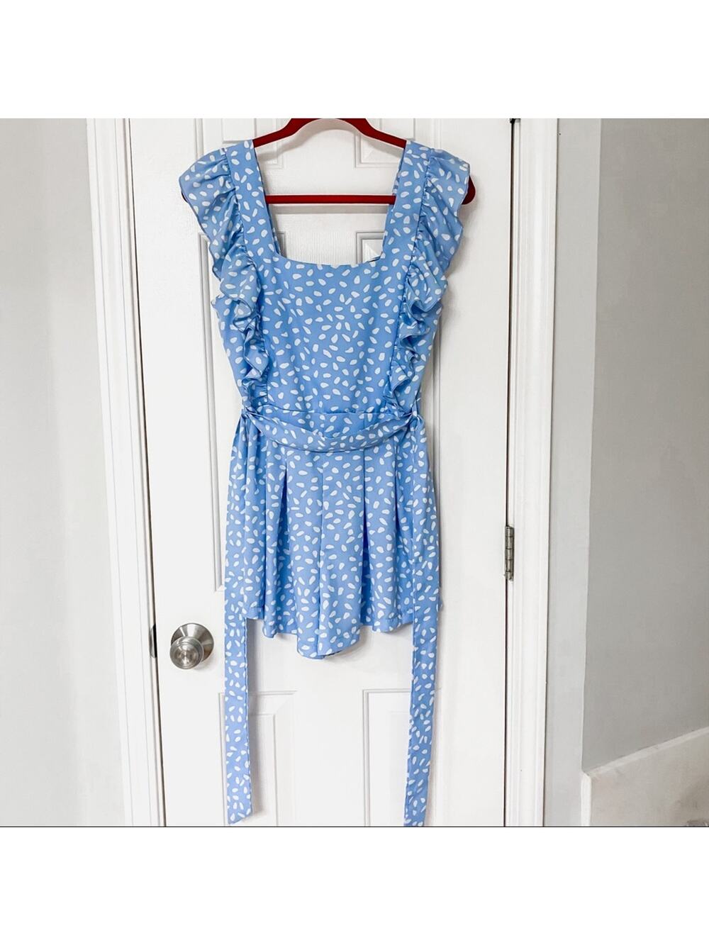 DOUBLE CRAZY • Ruffle Spotted Blue + White Shorts Romper